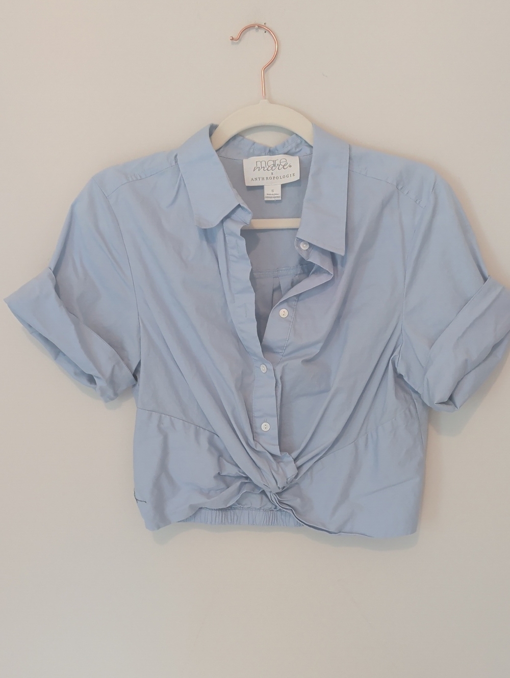 Mare Mare X Anthropologie Blue Cropped Button-Up with Front Knot - Size Small